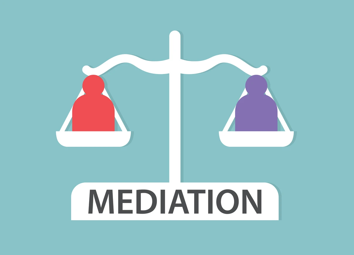 Contending partes, one red, one purple, on opposite sides of a scale labeled MEDIATION.